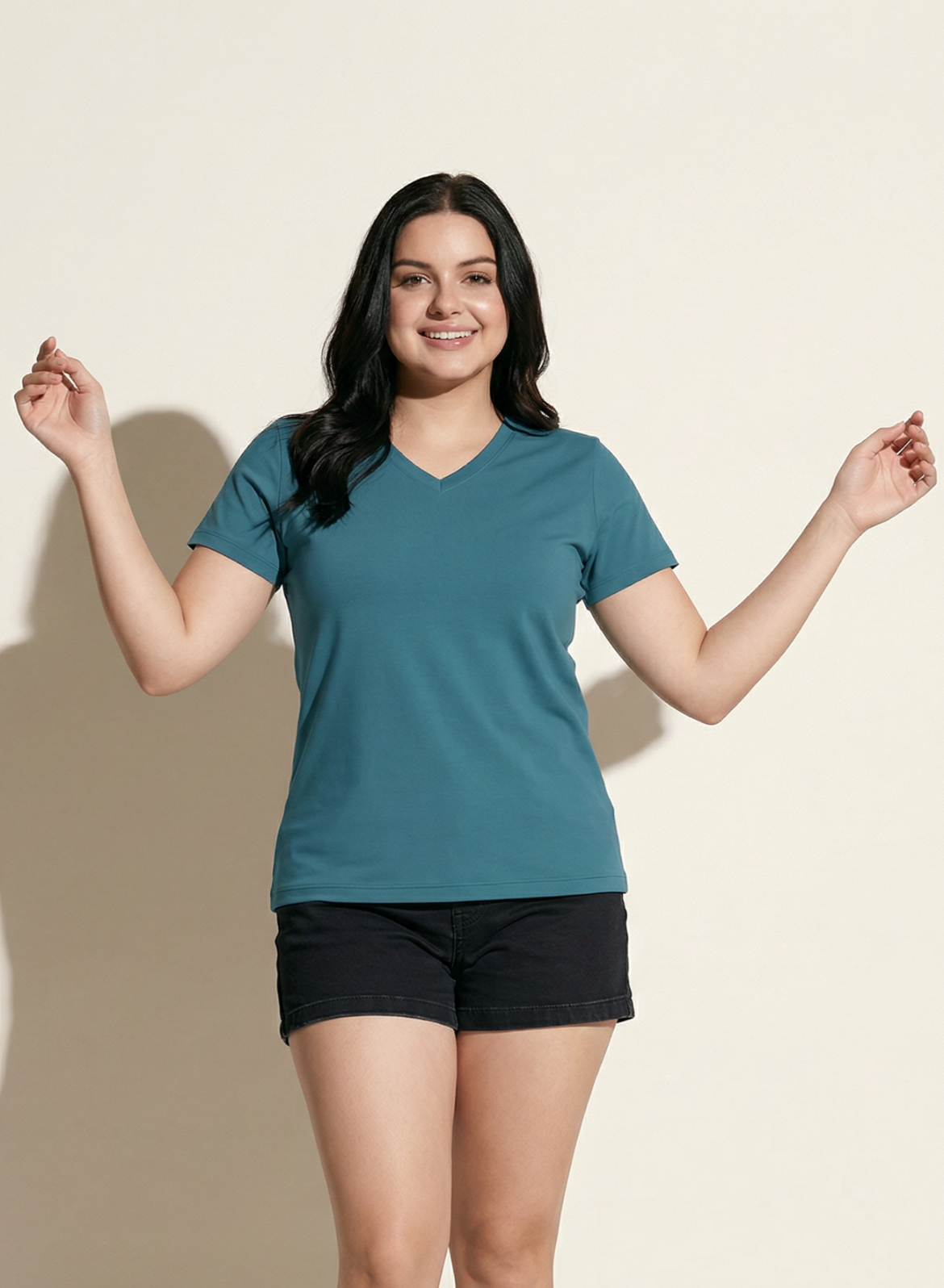 Peacock Teal Solid V-Neck T-shirt for Women