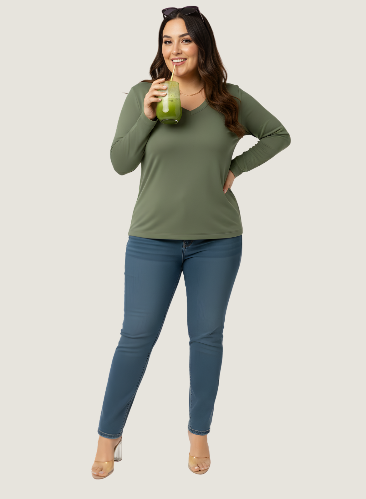 Matcha Mint Full Sleeves V-Neck T-shirt