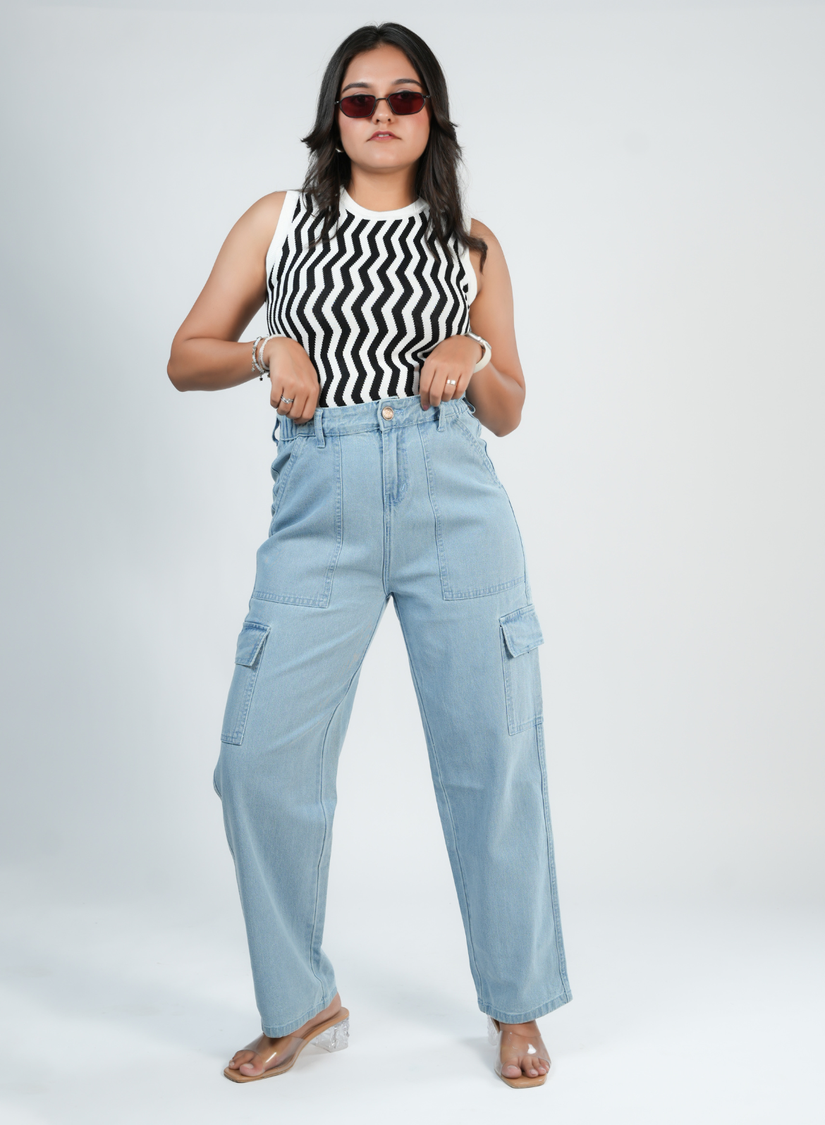 Women's Light Blue Relaxed Fit Cargo Jeans