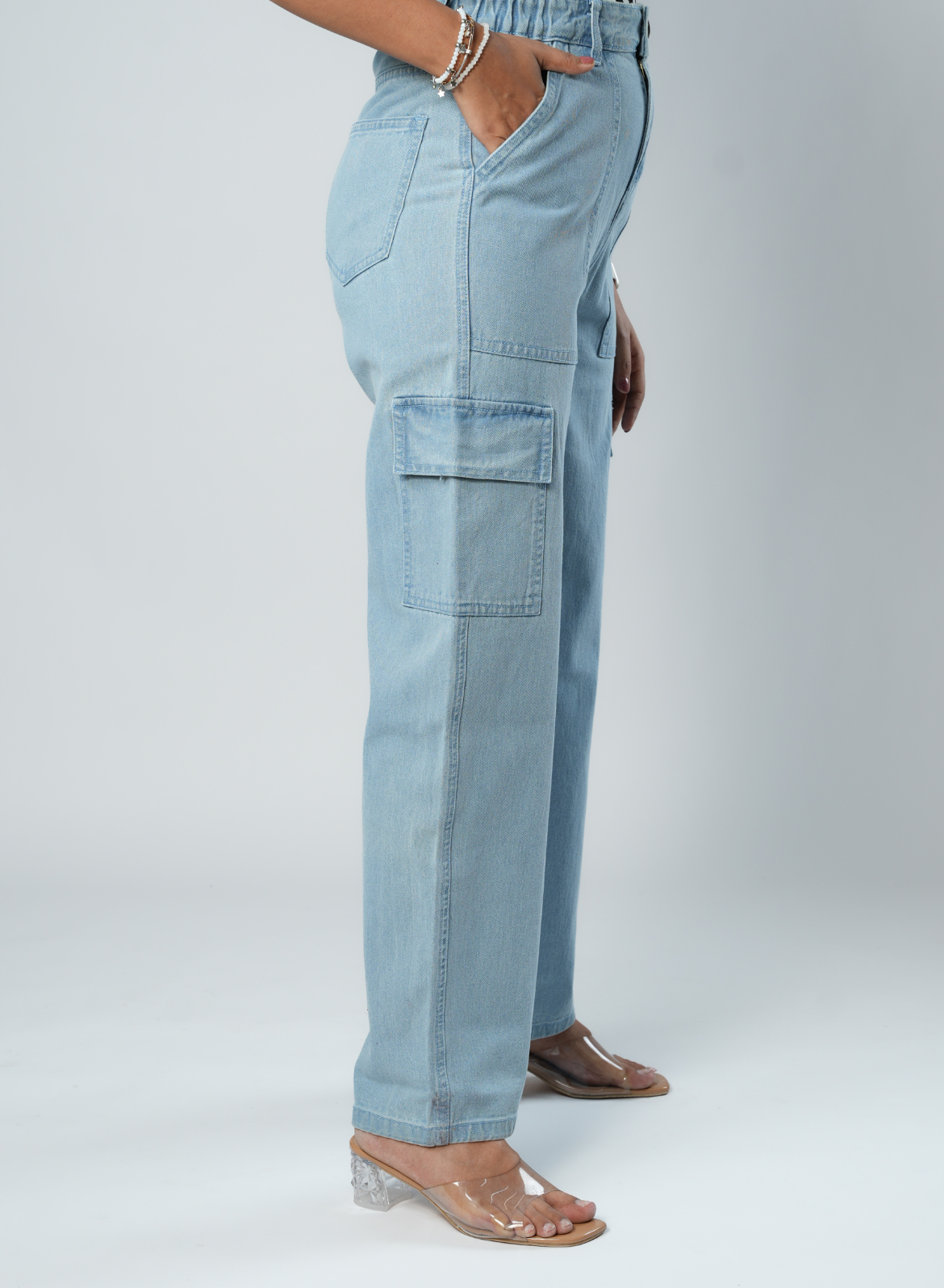 Women's Light Blue Relaxed Fit Cargo Jeans