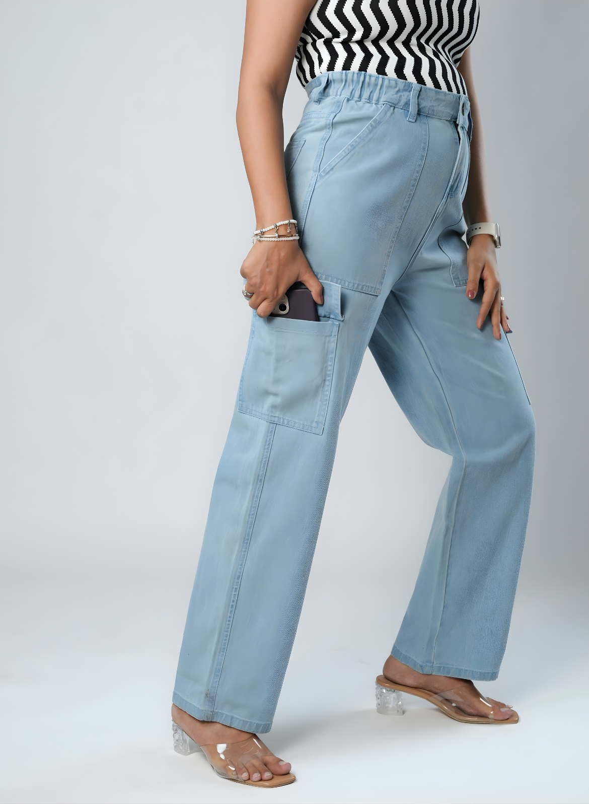 Women's Light Blue Relaxed Fit Cargo Jeans