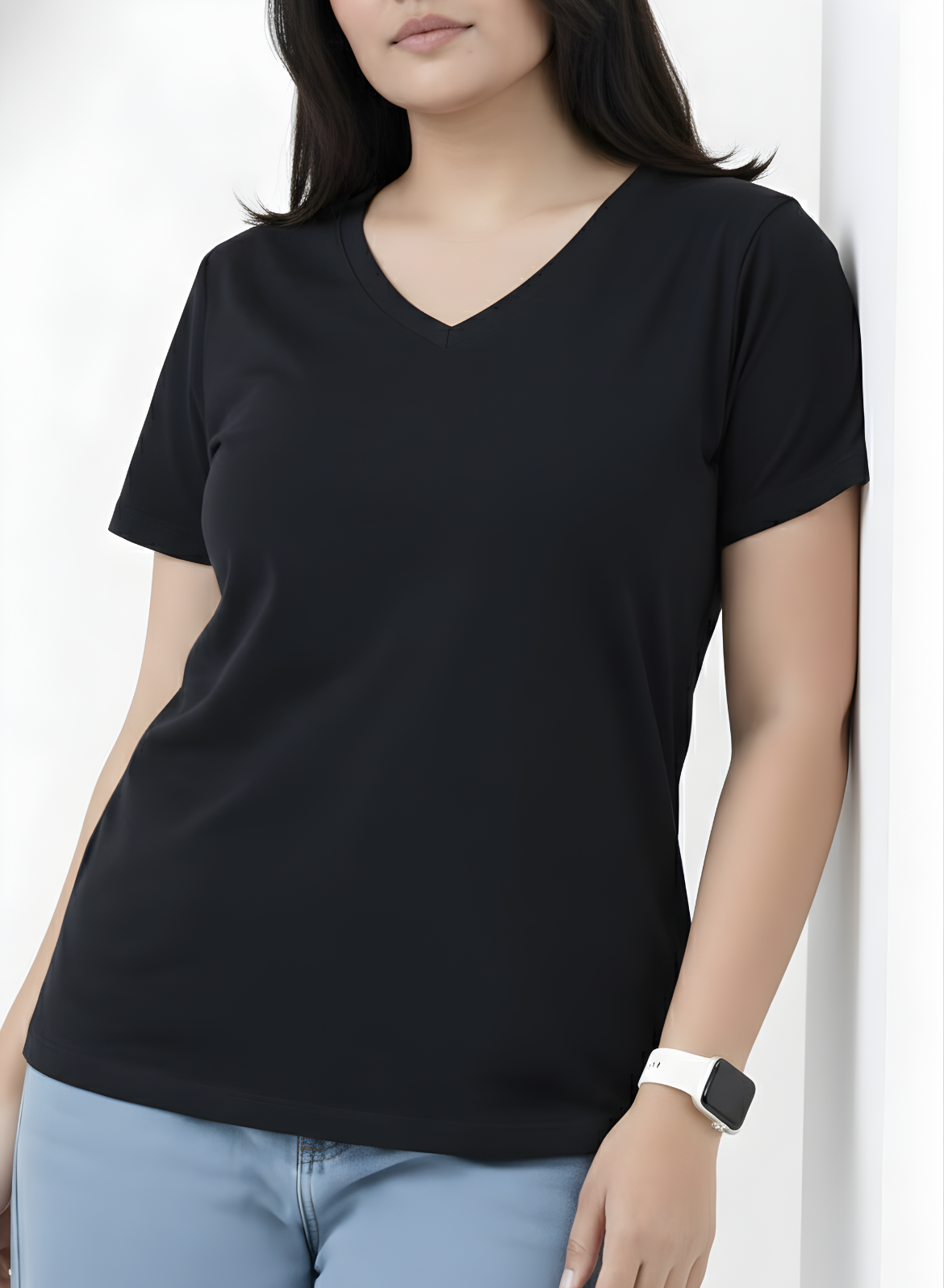 Brazen Black Solid V-Neck T-shirt for Women