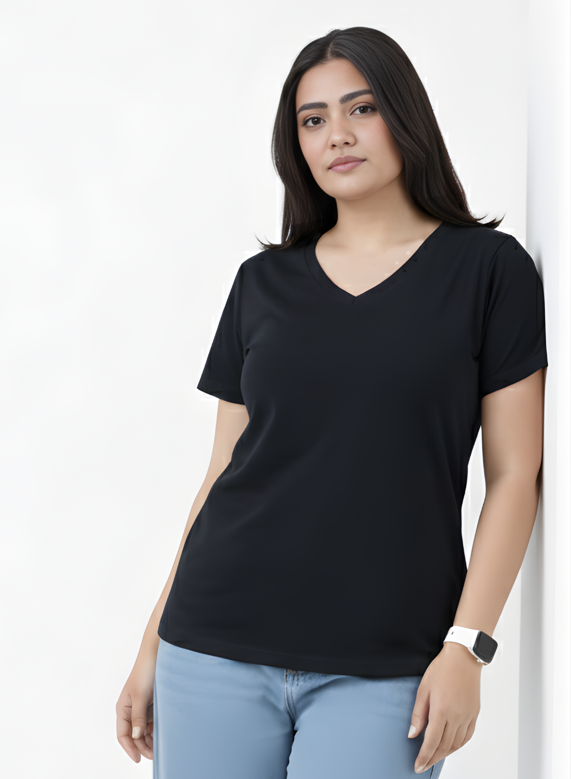 Brazen Black Solid V-Neck T-shirt for Women