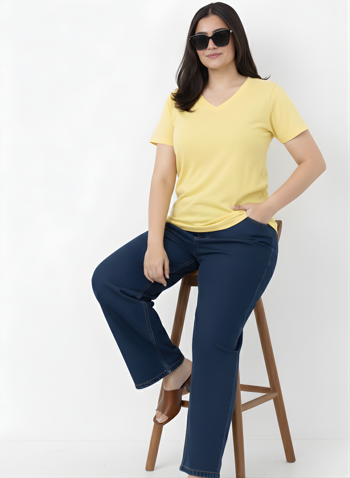 Lovely Lemon Solid V-Neck T-shirt for Women