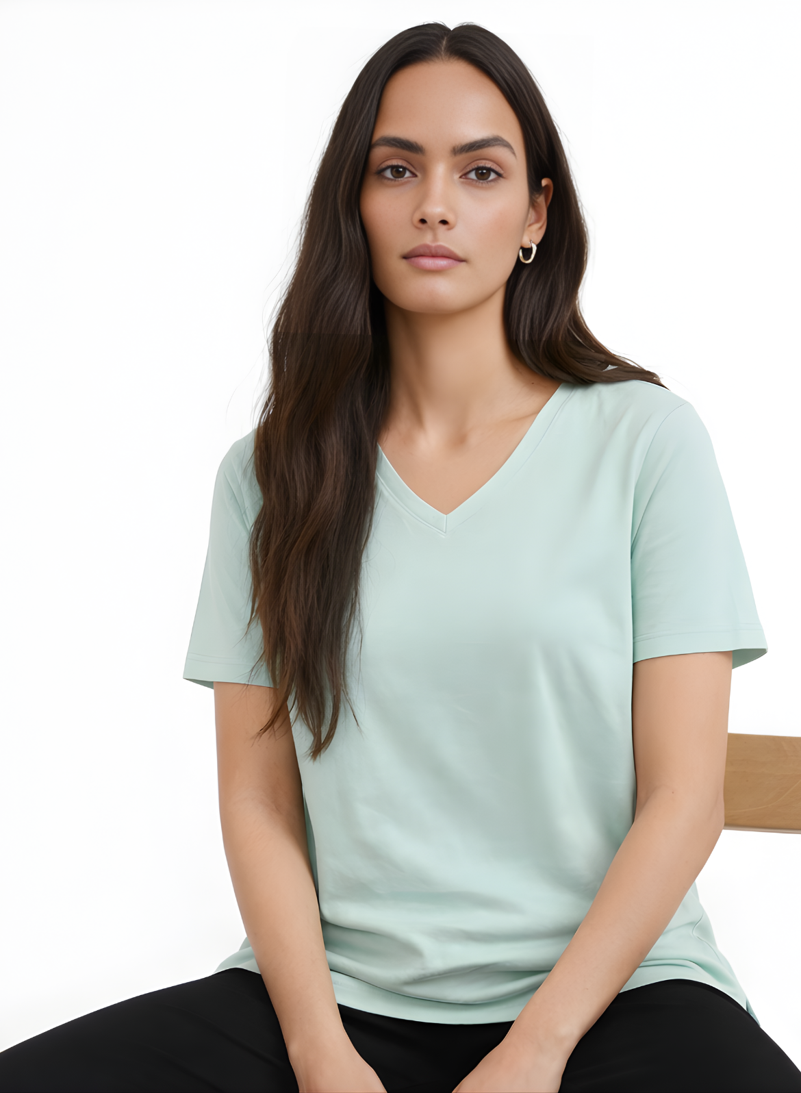 Glossy Green Solid V-Neck T-shirt for Women