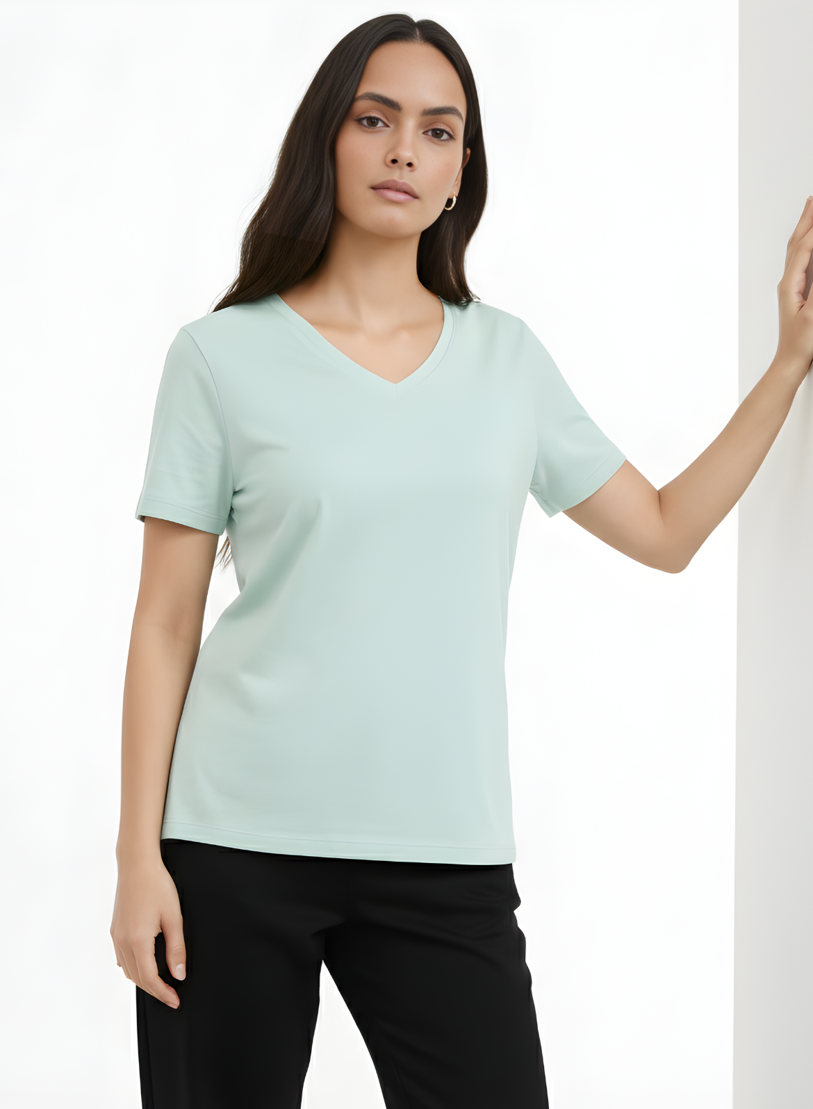 Glossy Green Solid V-Neck T-shirt for Women