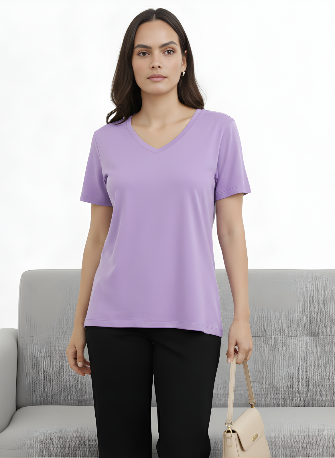 Lavish Lilac Solid V-Neck T-shirt for Women