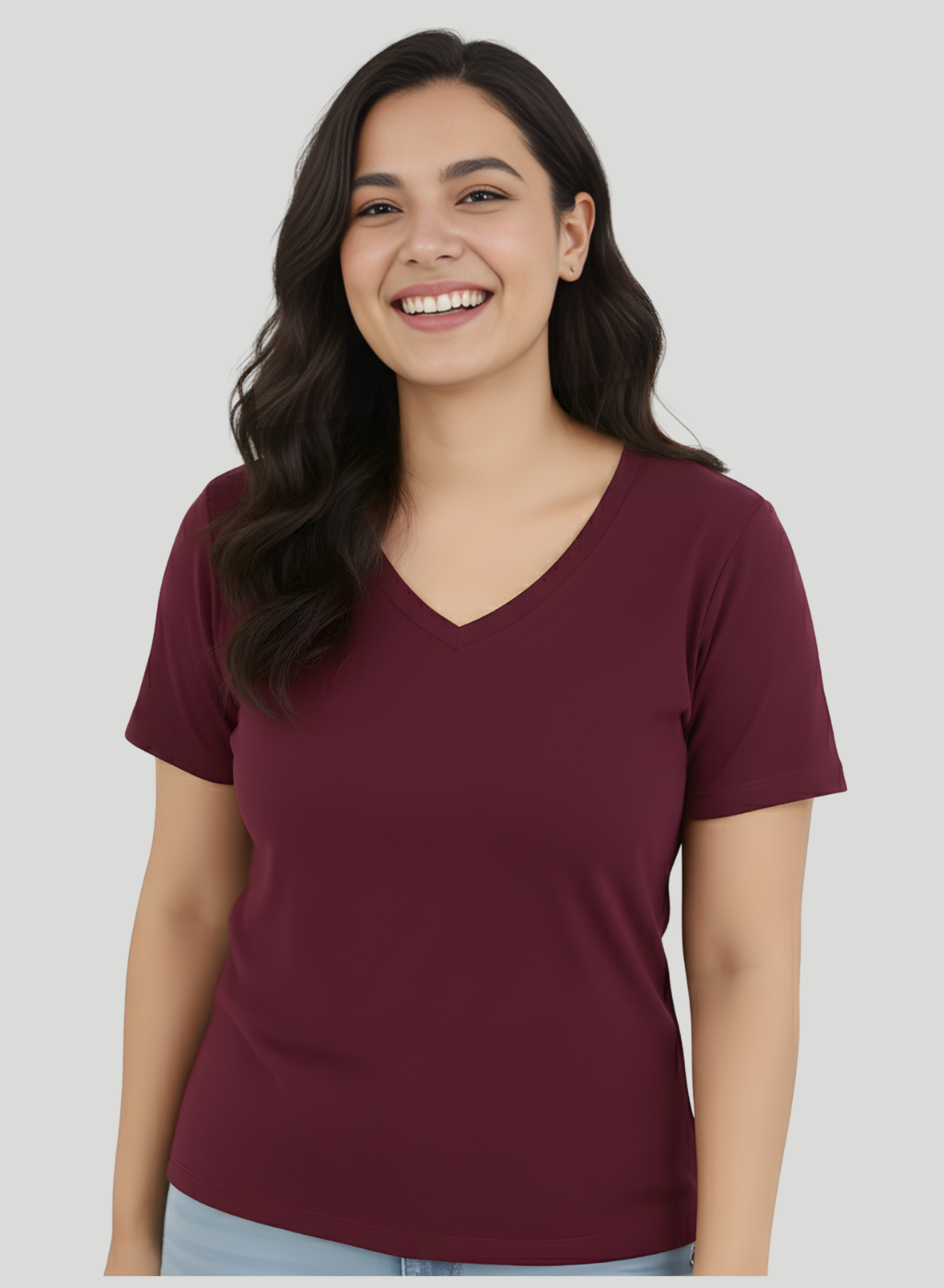 Burning Burgundy Solid V-Neck T-shirt for Women