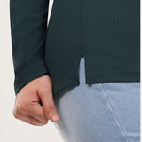 Gritty Green Ribbed V-Neck Full Sleeves T-shirt for Women