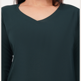 Gritty Green Ribbed V-Neck Full Sleeves T-shirt for Women