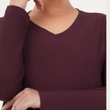Burning Burgundy Ribbed V-Neck Full Sleeves T-shirt for Women