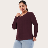 Burning Burgundy Ribbed V-Neck Full Sleeves T-shirt for Women
