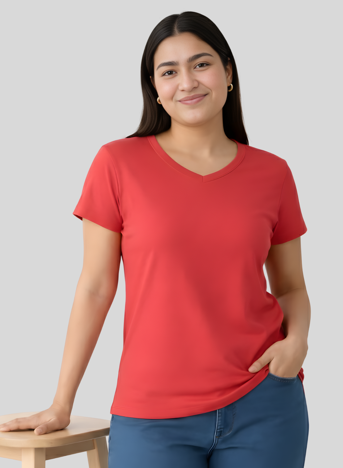 Coral Crush Solid V-Neck T-shirt for Women
