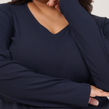 Ballsy Blue Ribbed V-Neck Full Sleeves T-shirt for Women