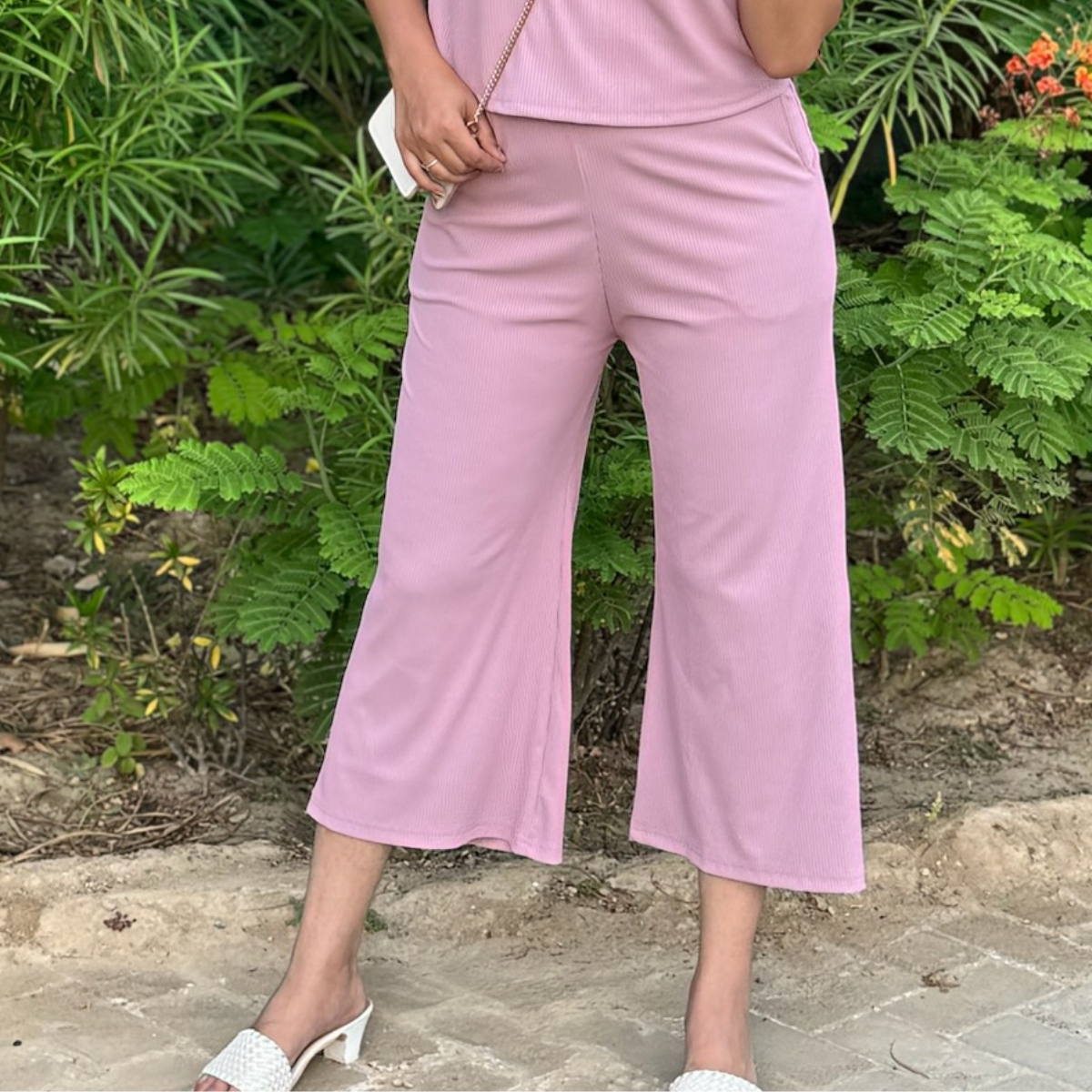 Serene Blush Ribbed Culottes Trousers