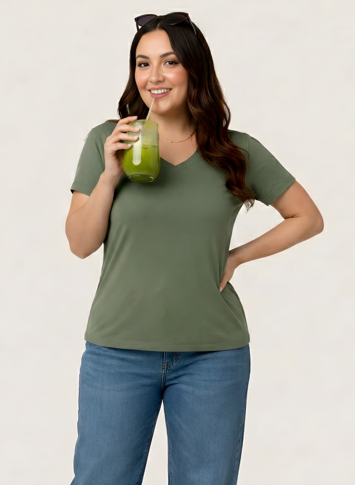 Matcha Mint Solid V-Neck T-shirt for Women