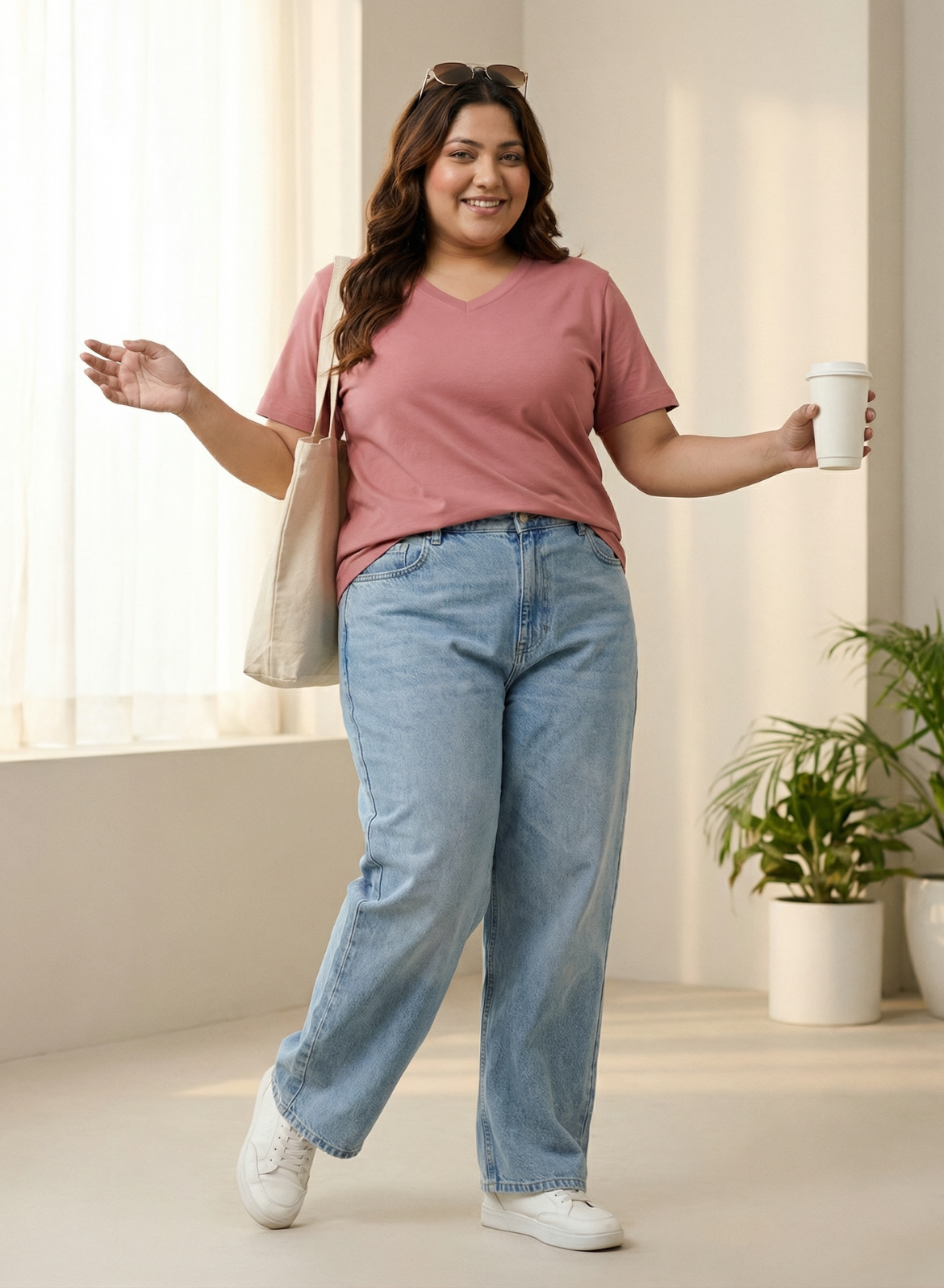 Pretty Pink Solid V-Neck T-shirt for Women