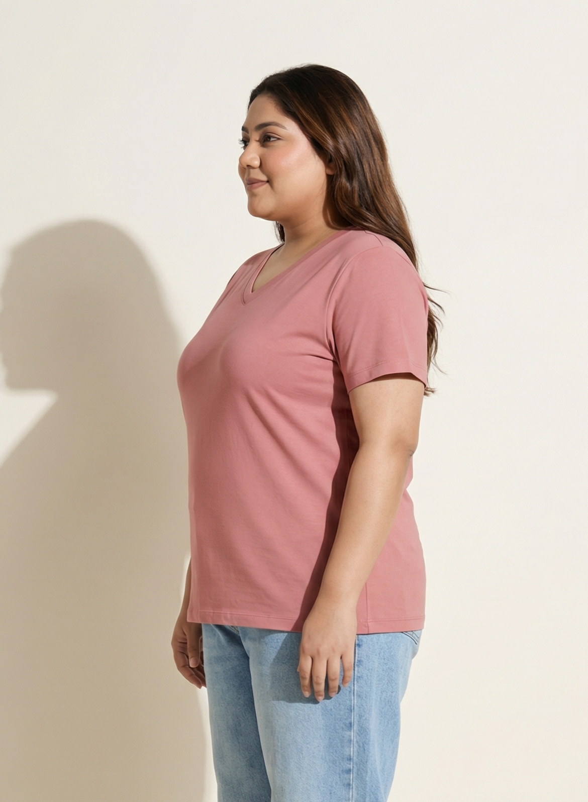 Pretty Pink Solid V-Neck T-shirt for Women