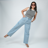 Women's Light Blue Relaxed Fit Cargo Jeans