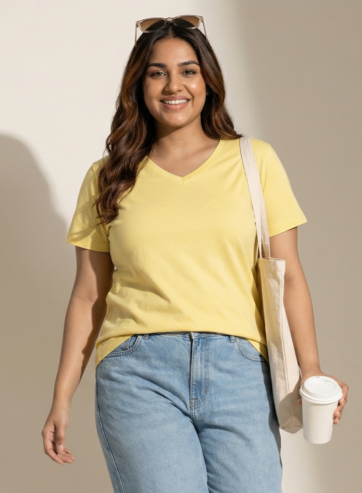 Lovely Lemon Solid V-Neck T-shirt for Women