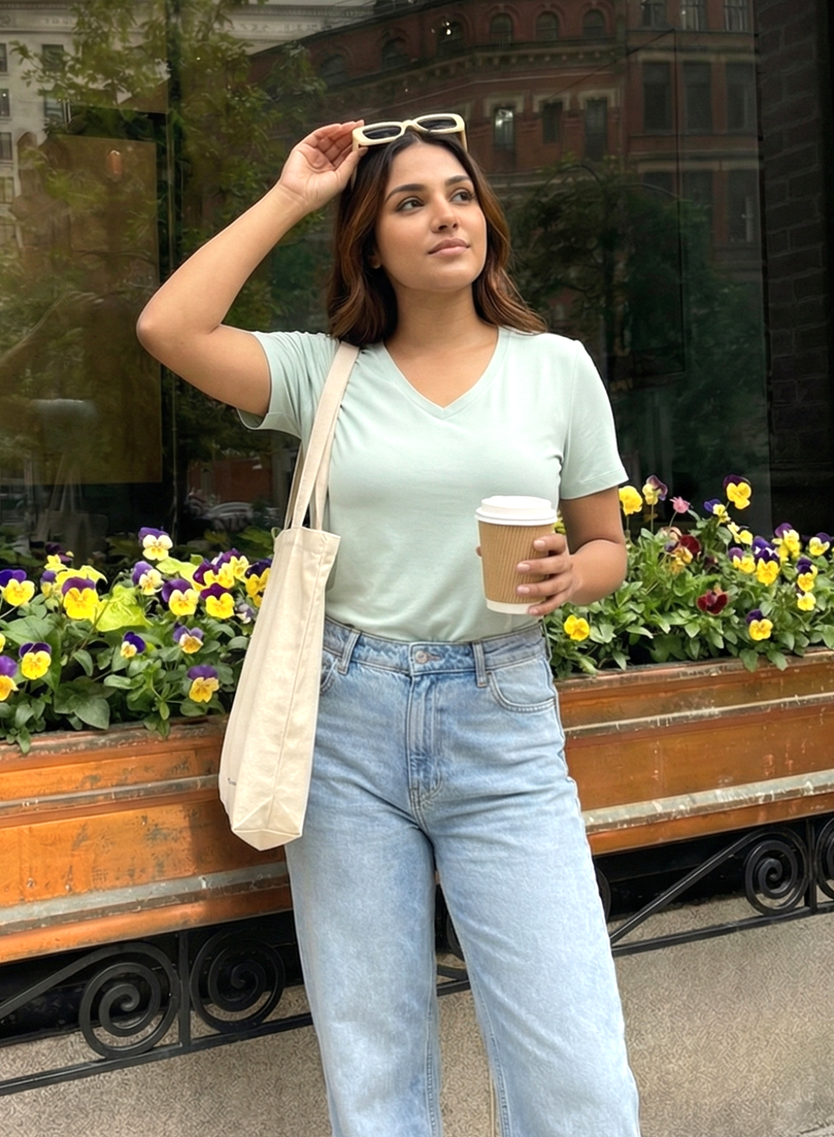 Glossy Green Solid V-Neck T-shirt for Women