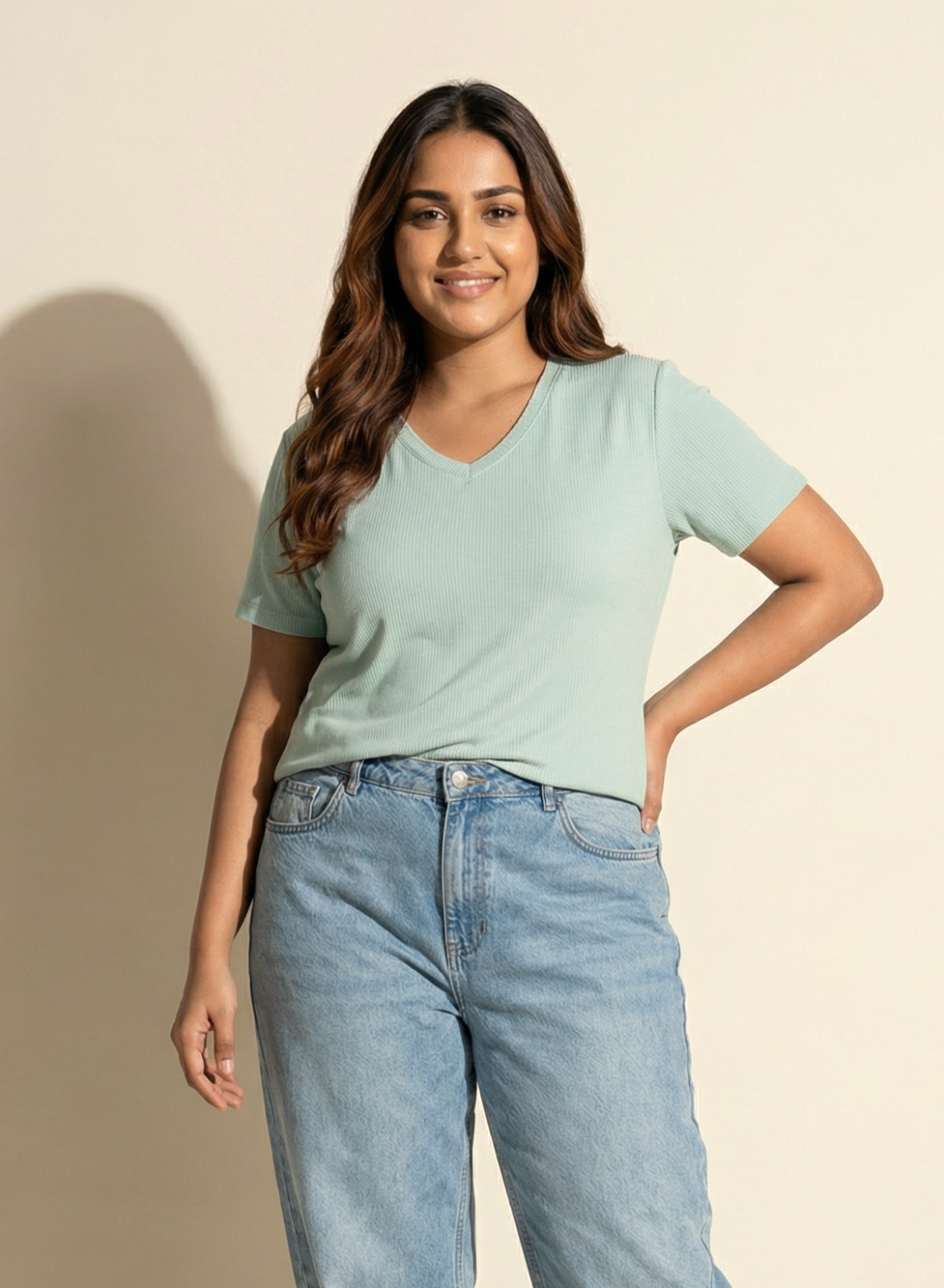 Glossy Green Solid V-Neck T-shirt for Women