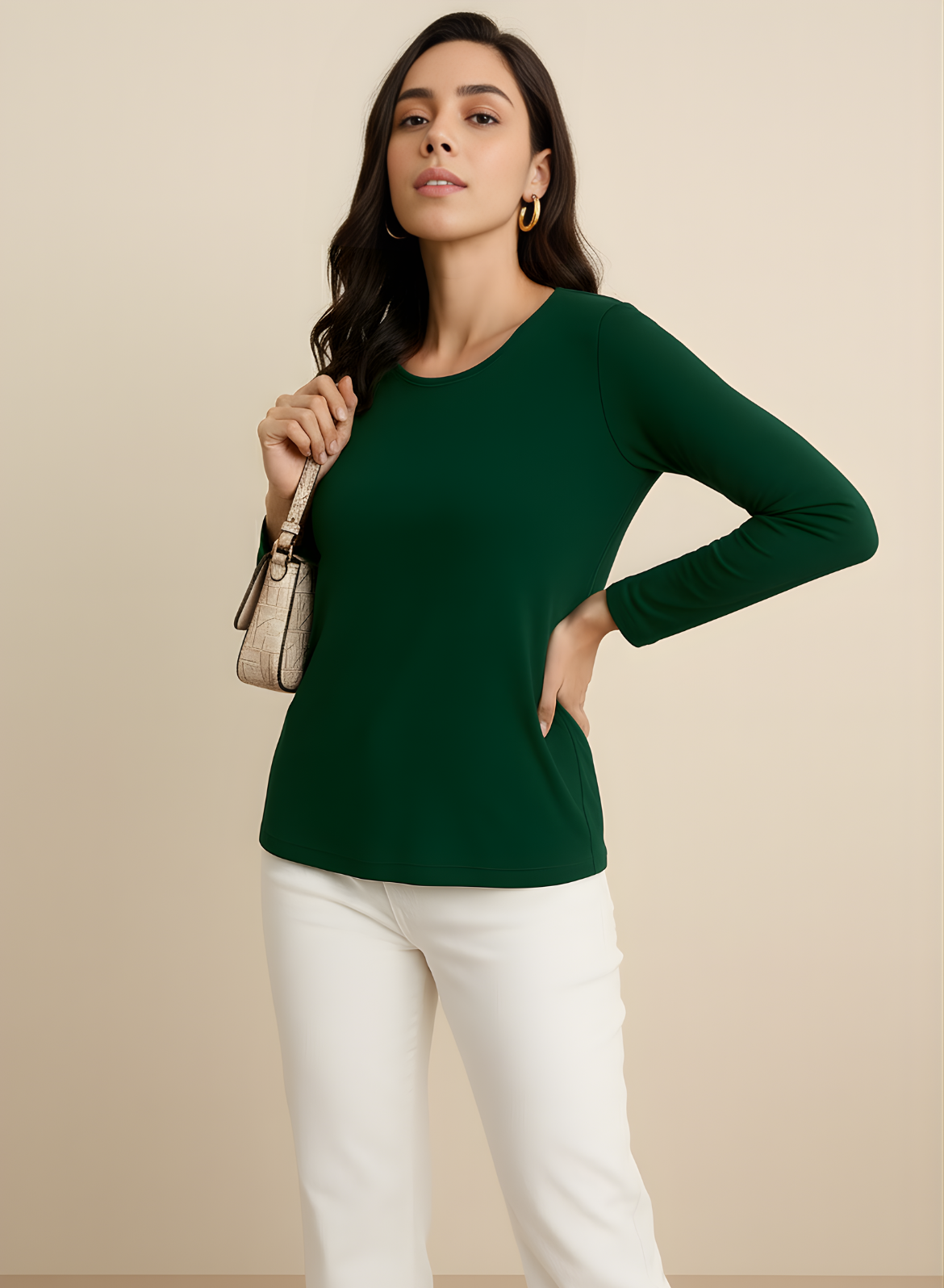 Gritty Green Full Sleeves Solid T-shirt for Women
