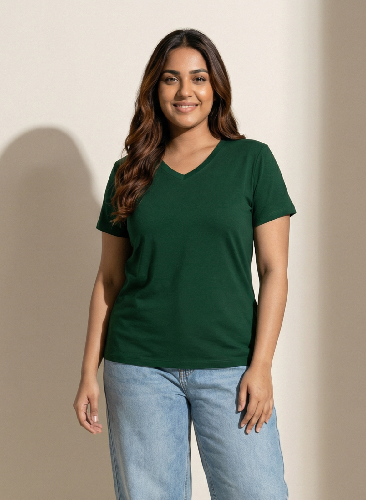 Gritty Green Solid V-Neck T-shirt for Women