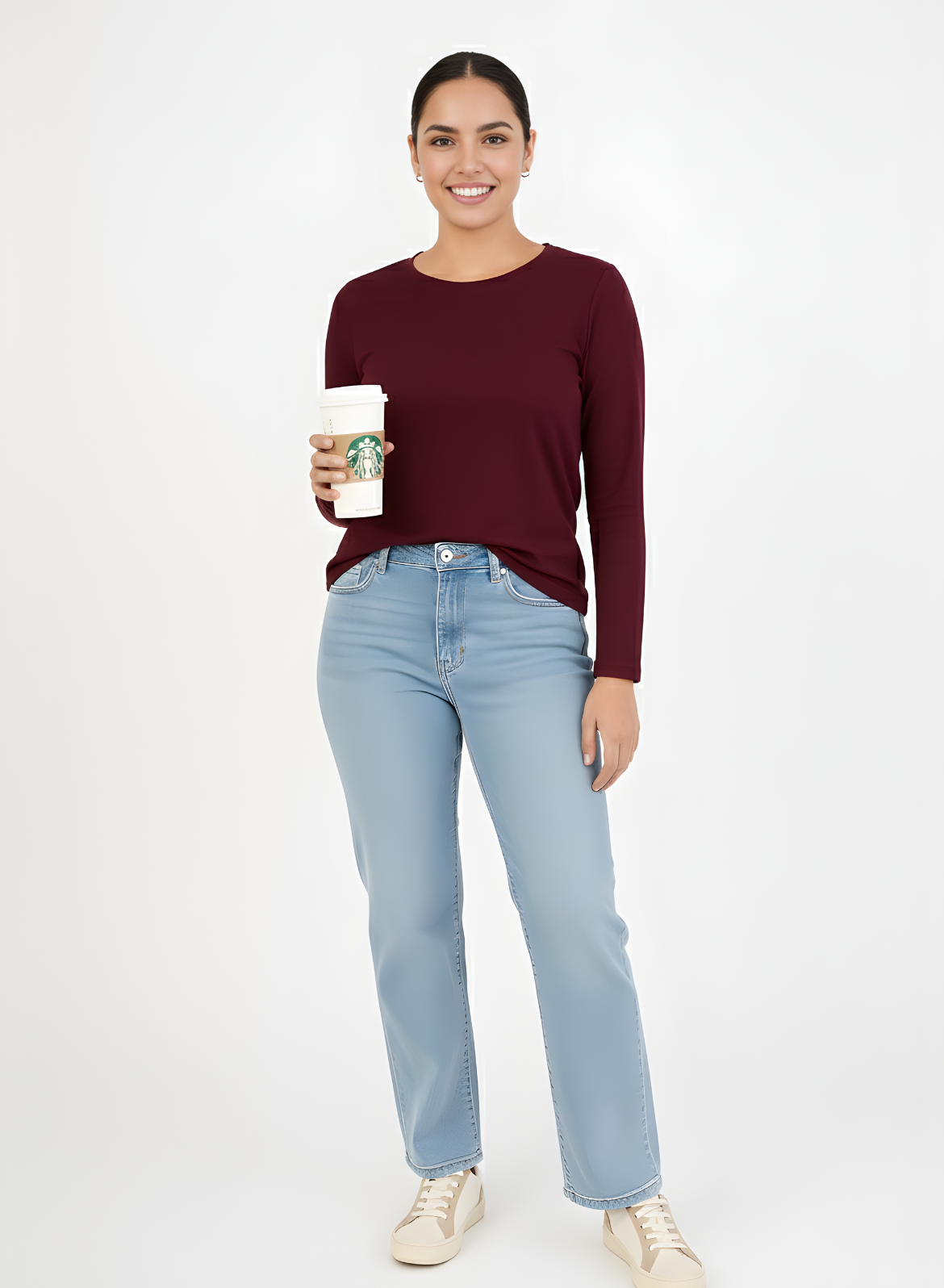 Burning Burgundy Full Sleeves Solid T-shirt for Women