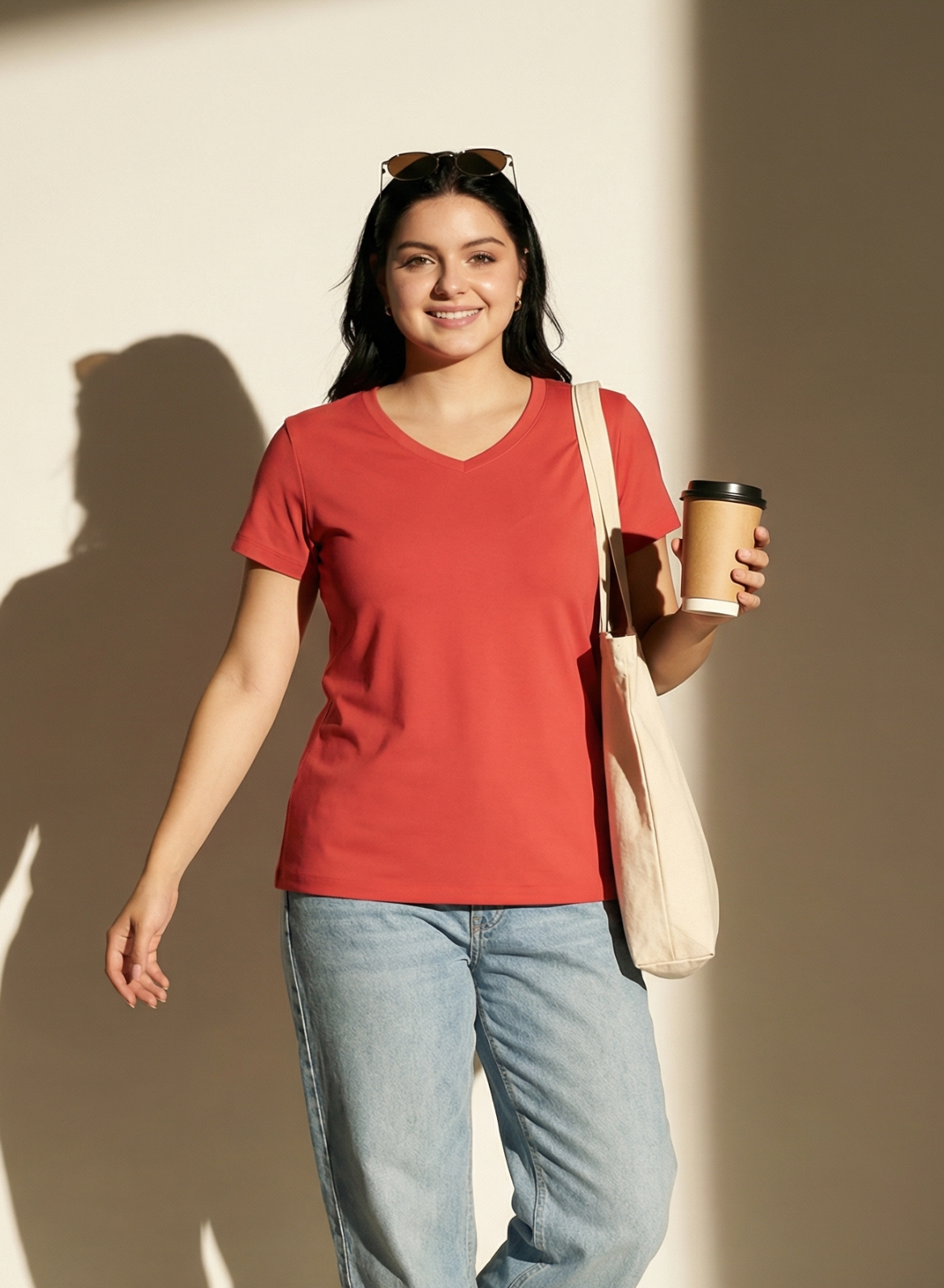 Coral Crush Solid V-Neck T-shirt for Women