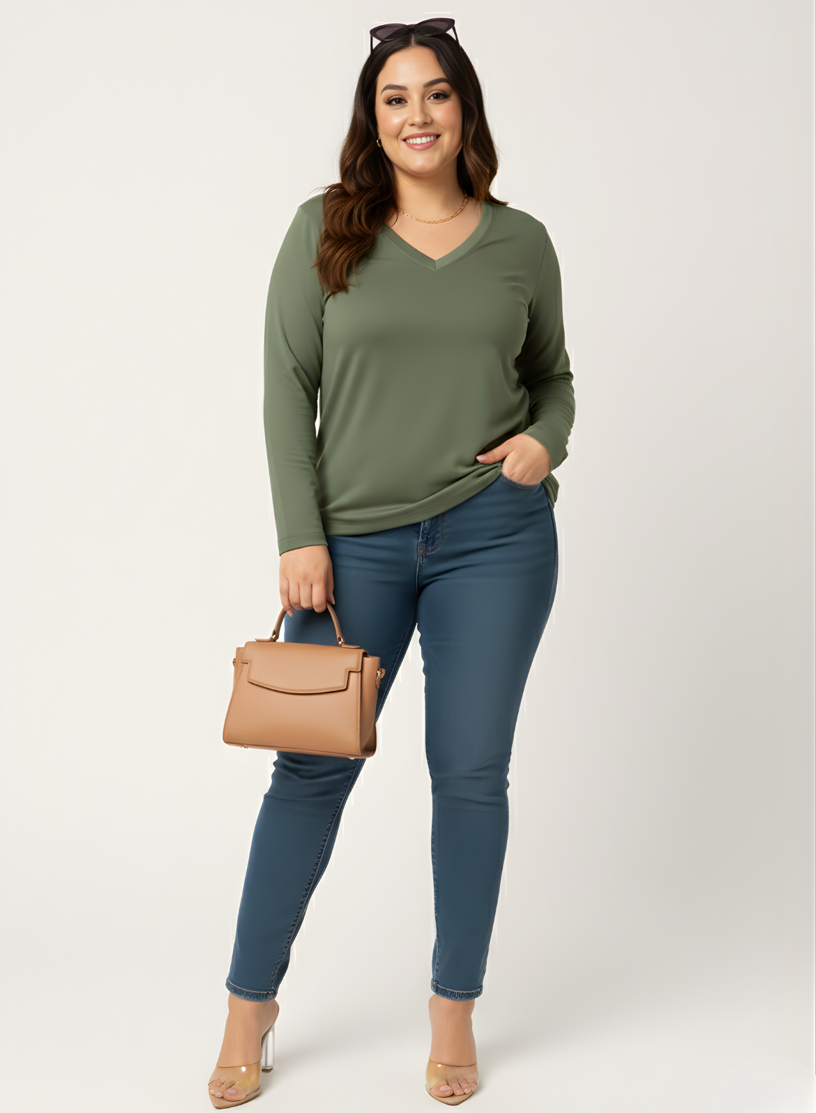 Matcha Mint Full Sleeves V-Neck T-shirt