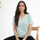 Glossy Green Solid V-Neck T-shirt for Women