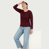 Burning Burgundy Full Sleeves Solid T-shirt for Women
