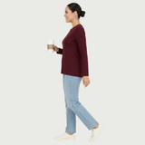 Burning Burgundy Full Sleeves Solid T-shirt for Women