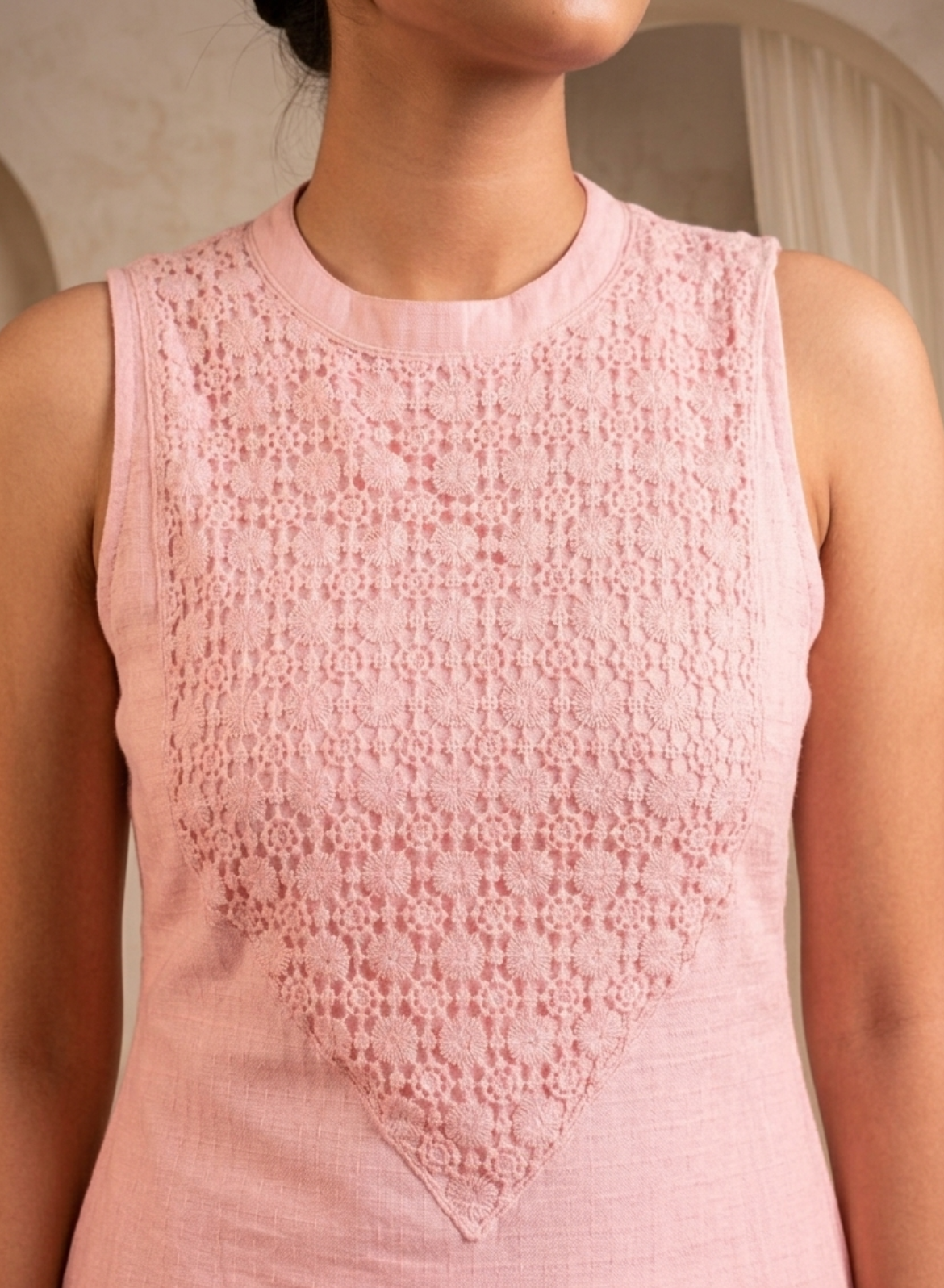 Pink Cotton Embroidered Long Kurta