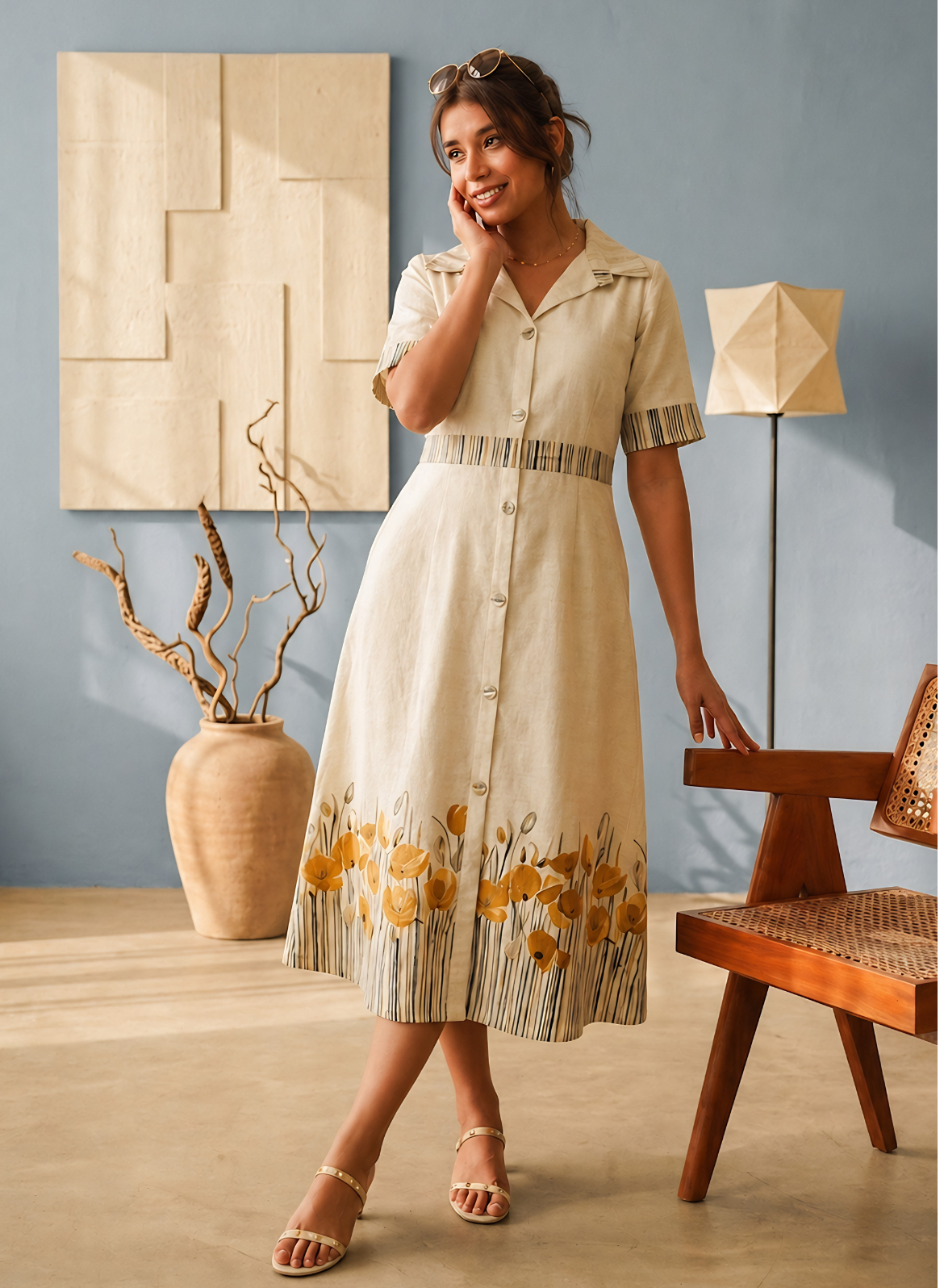Beige Floral Shirt Dress