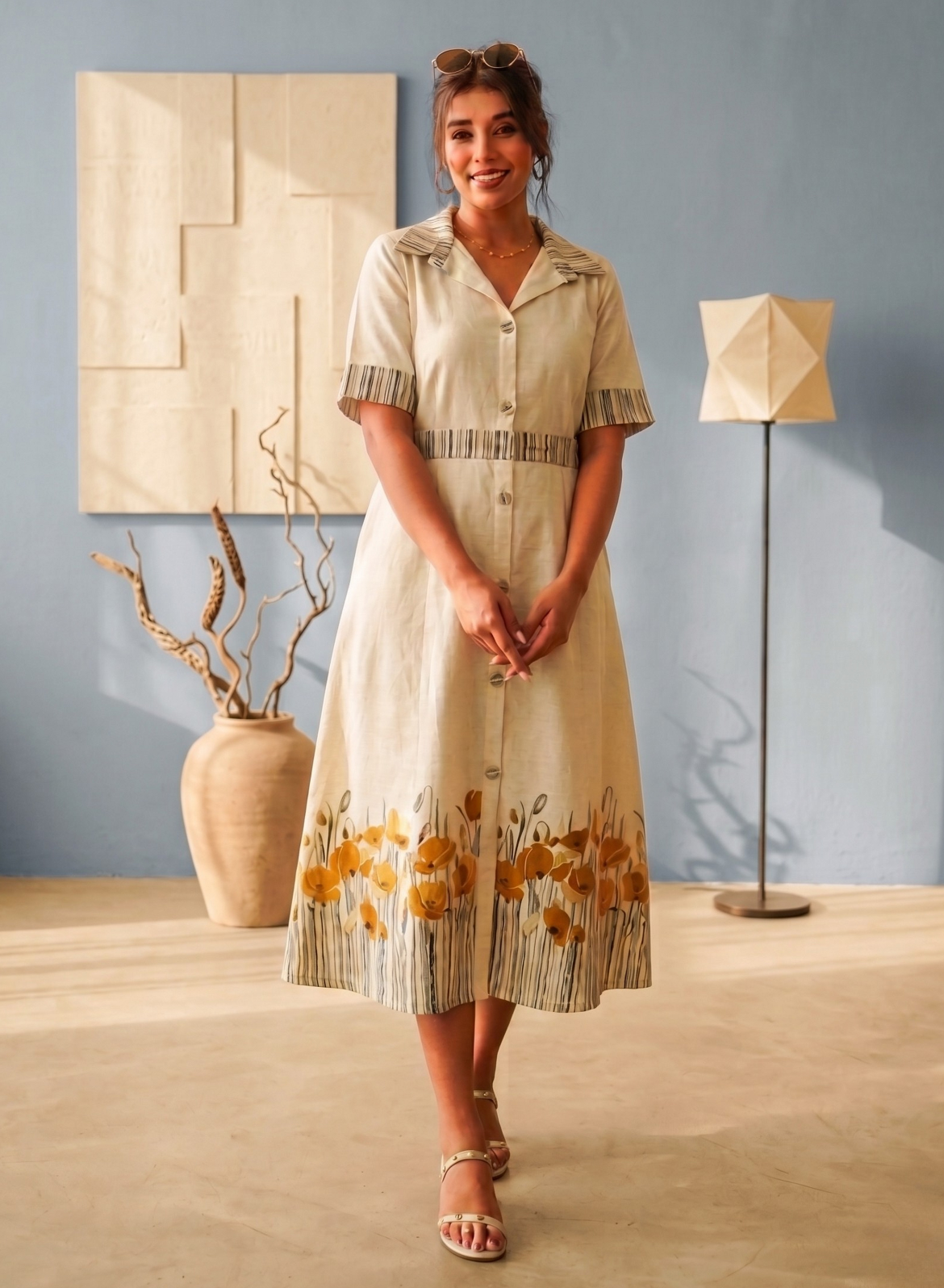 Beige Floral Shirt Dress