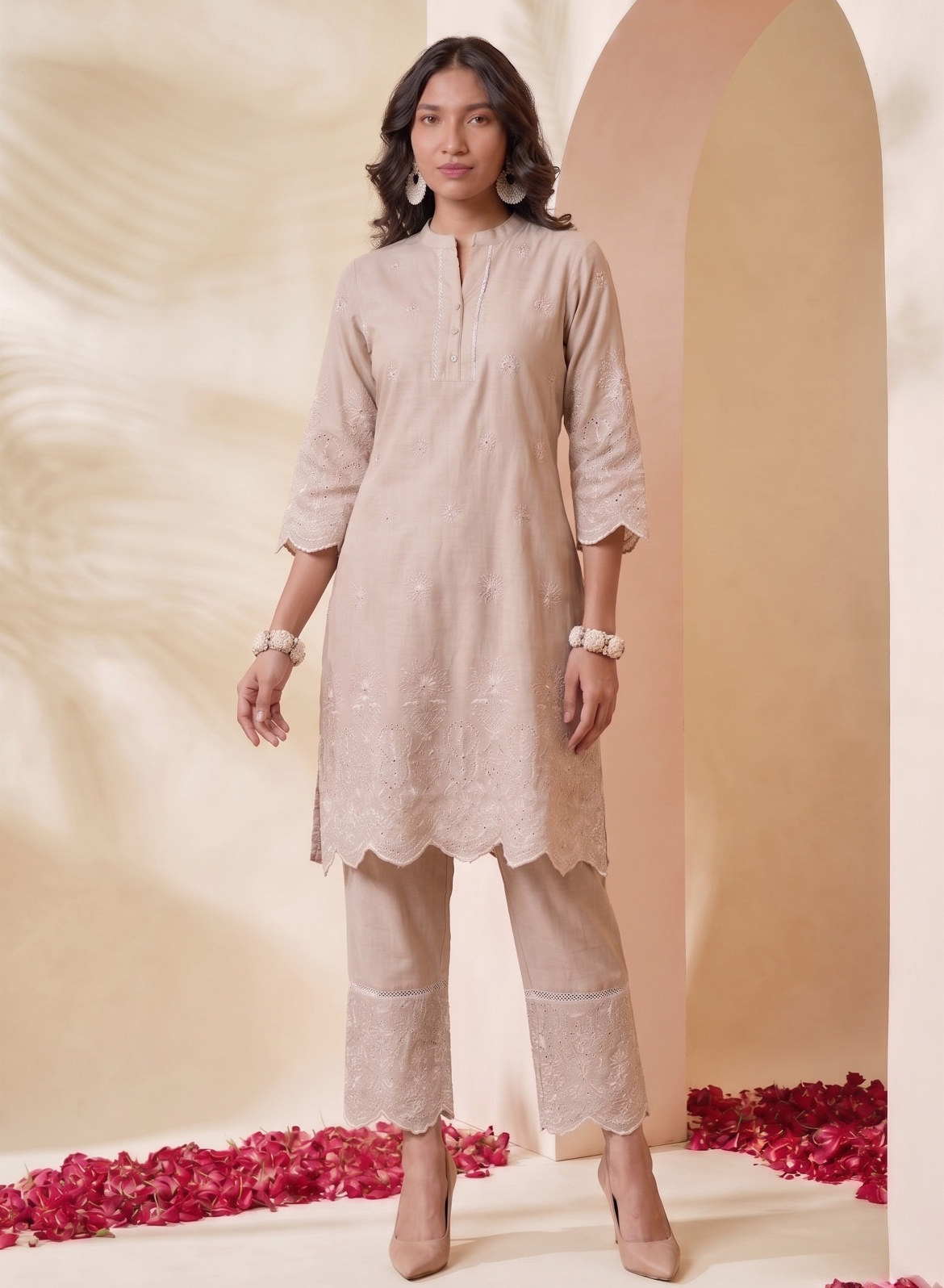Beige Embroidered Kurta Pant Set