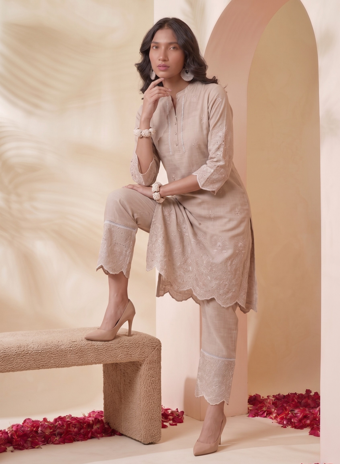 Beige Embroidered Kurta Pant Set