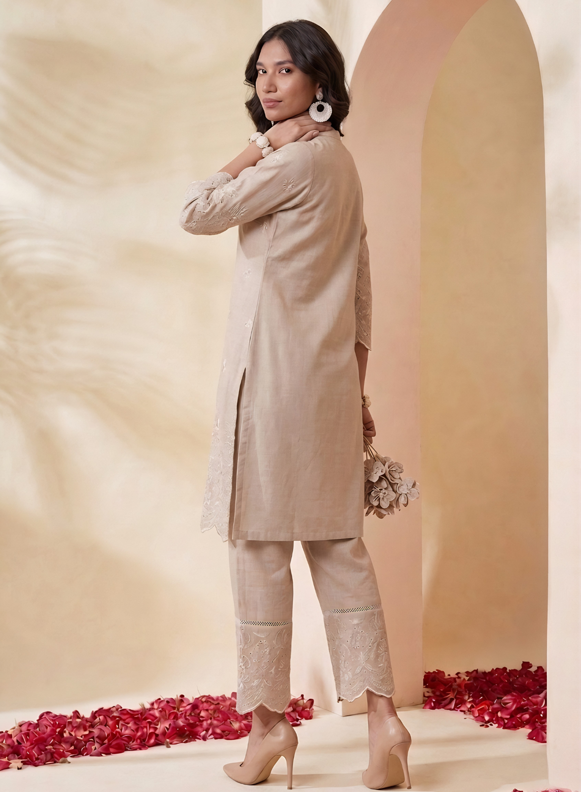 Beige Embroidered Kurta Pant Set