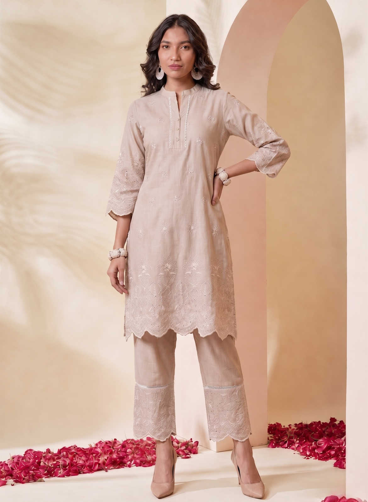 Beige Embroidered Kurta Pant Set