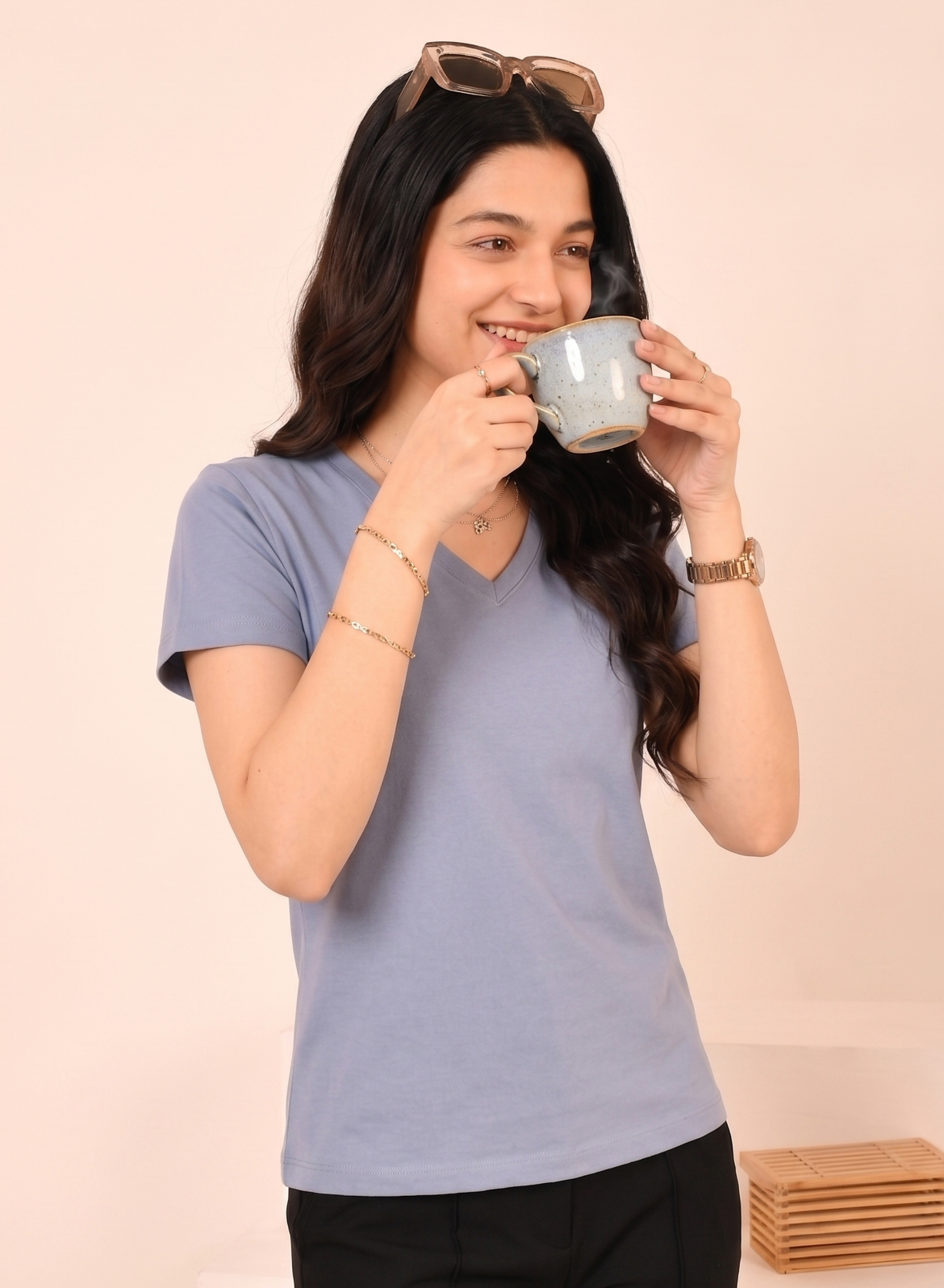 Gallant Grey Solid V-Neck T-shirt for Women