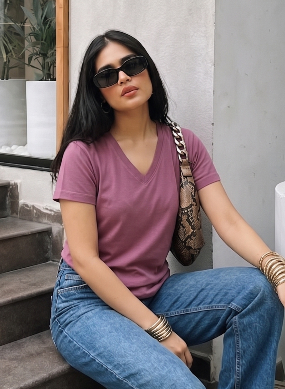 Powerful Pink Solid V-Neck T-shirt for Women