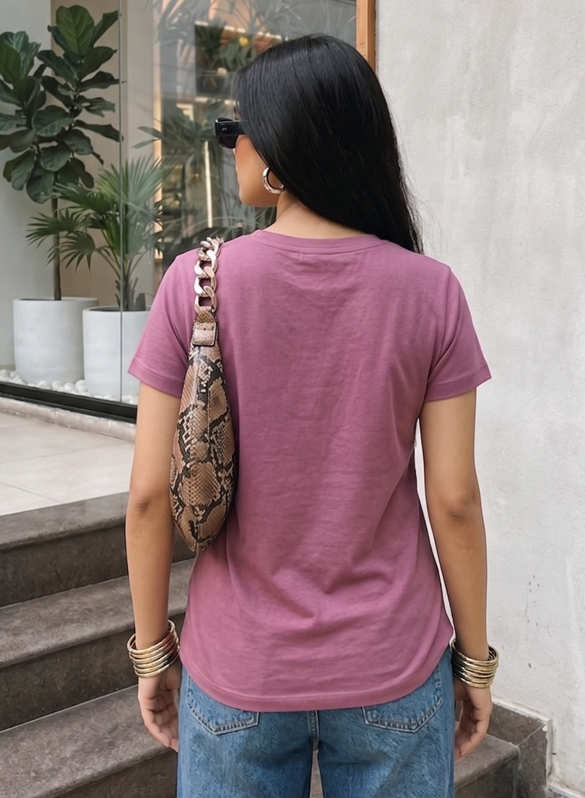 Powerful Pink Solid V-Neck T-shirt for Women