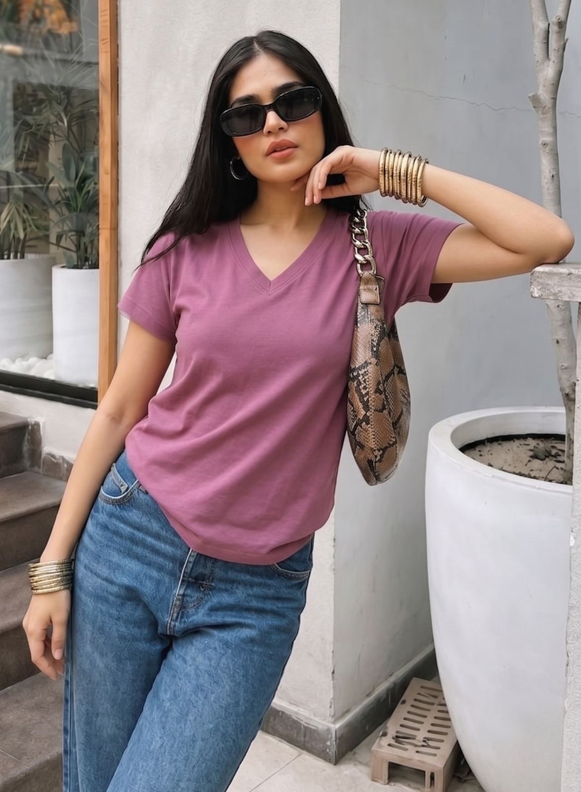Powerful Pink Solid V-Neck T-shirt for Women