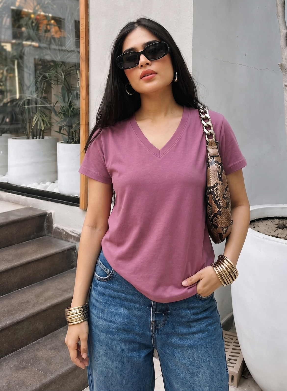 Powerful Pink Solid V-Neck T-shirt for Women