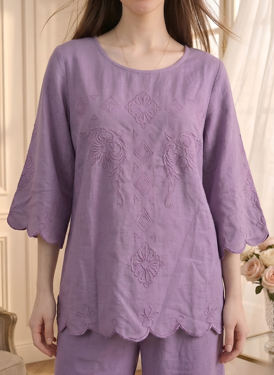 Lilac Bloom Cotton Embroidered Co-ord Set