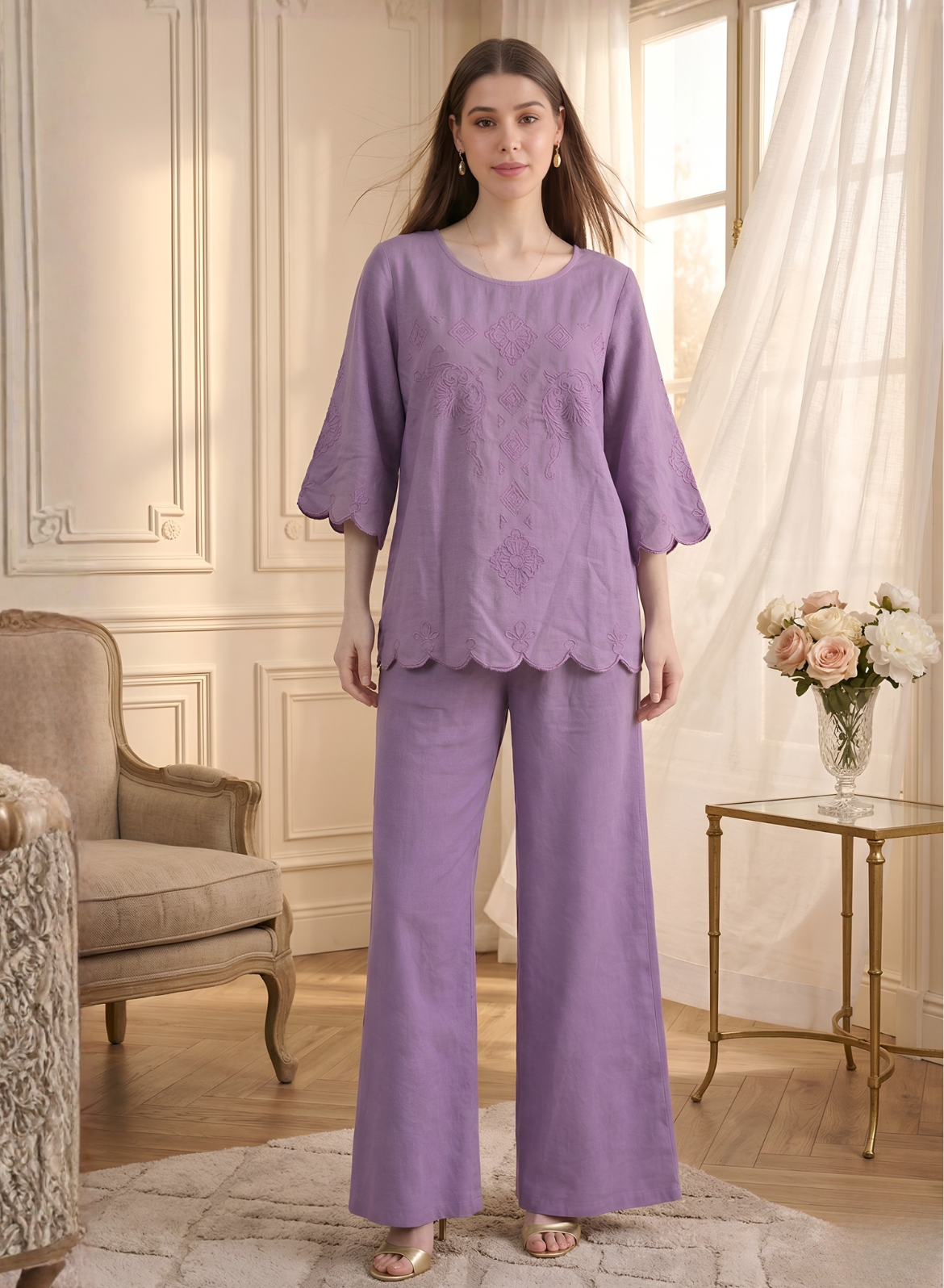 Lilac Bloom Cotton Embroidered Co-ord Set