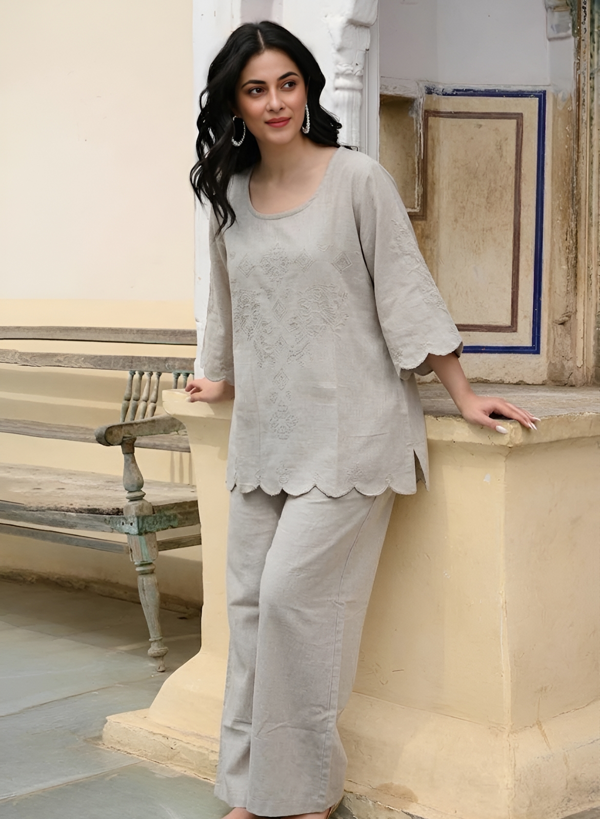 Sage Green Cotton Embroidered Co-ord Set