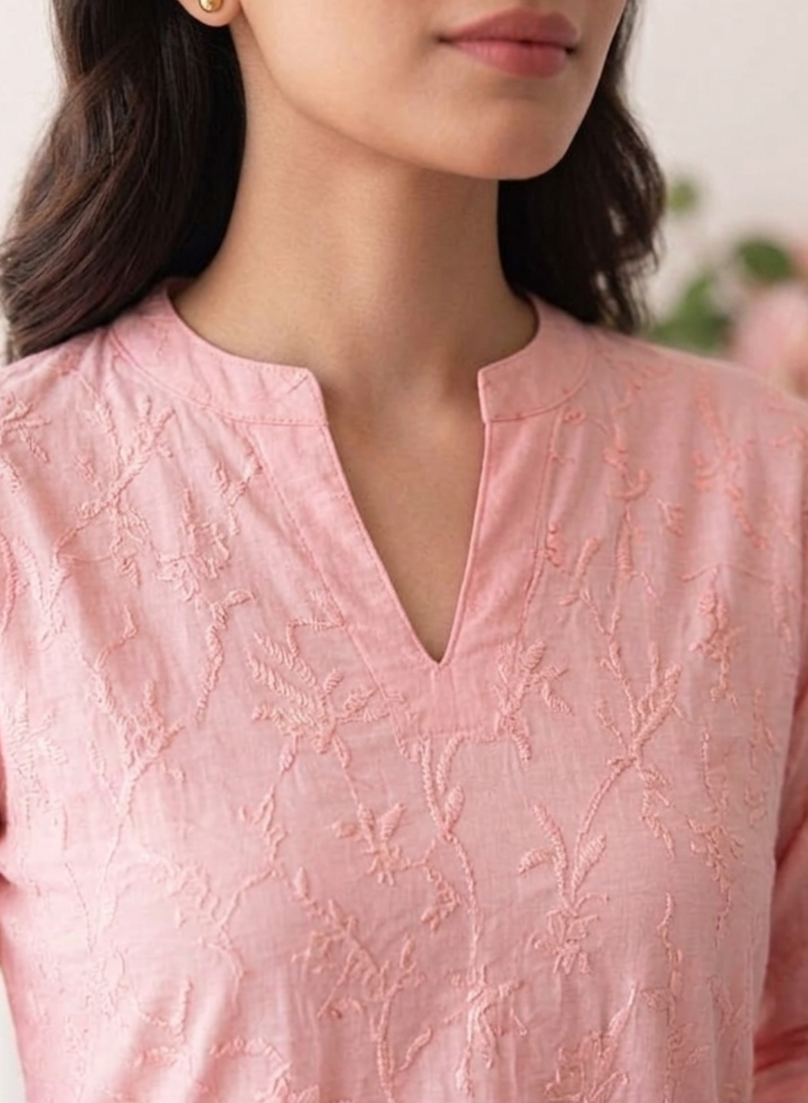 Soft Pink Cotton Embroidered Short Kurti